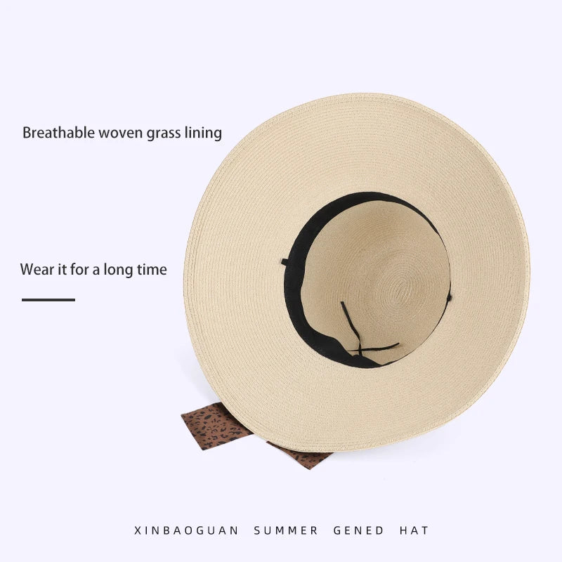6177-New summer women's high-end leopard print bow hat for beach and resort, with sun protection function.