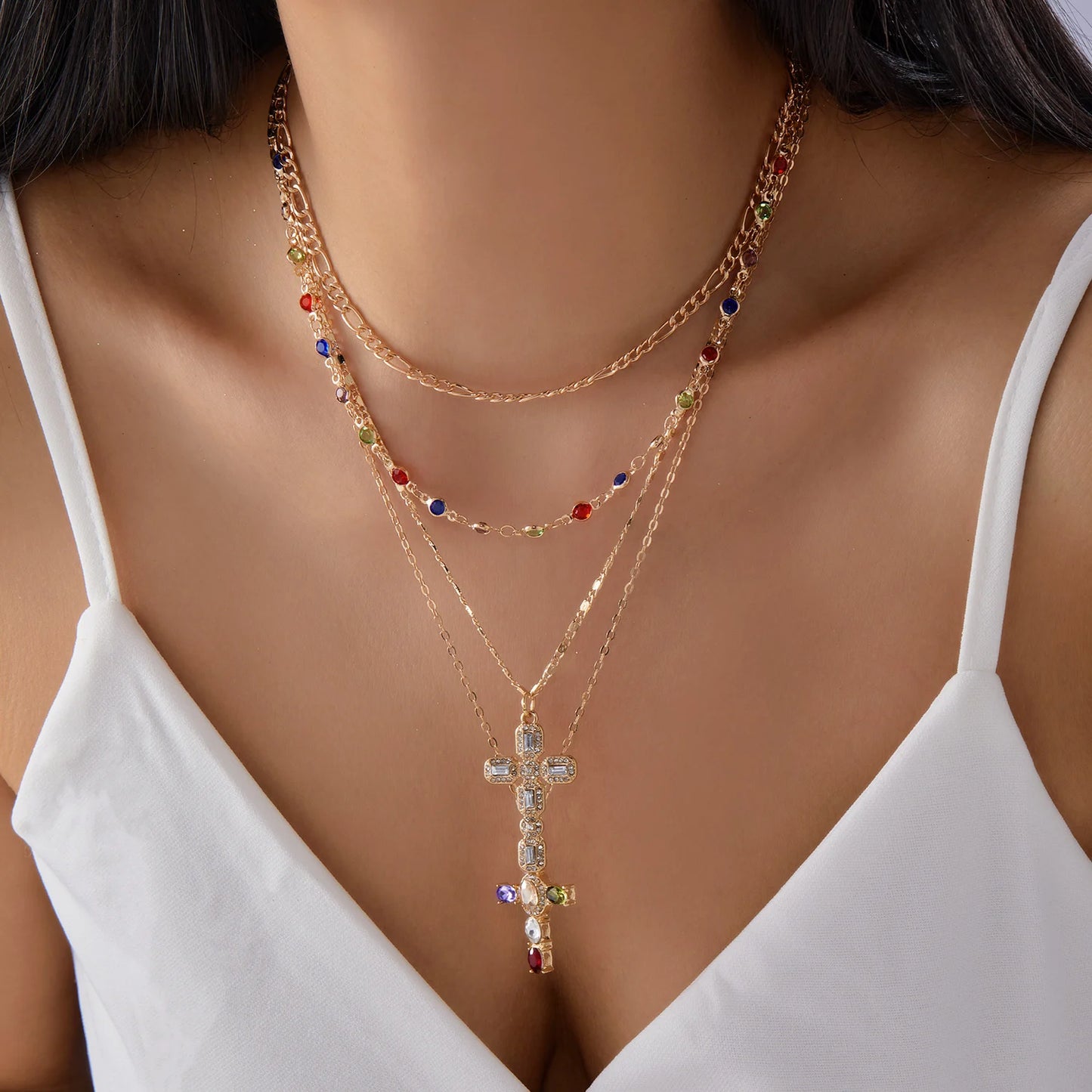 Boho Layered Gold Color Chain Necklace for Women Colorful Crystal Cross Pendant Choker Aesthetics Y2K Trend Jewelry Party Gift