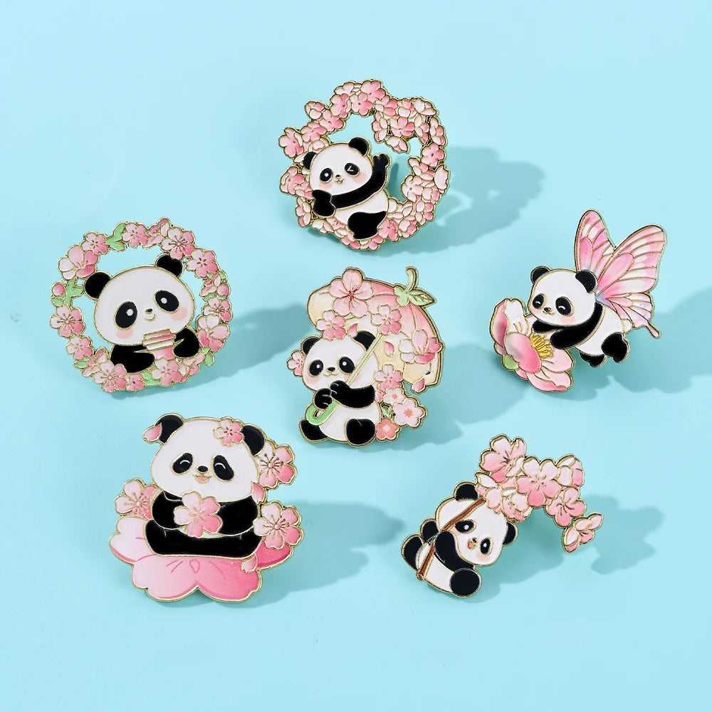 6pcs Cute Cartoon Animal Enamel Brooches - Flower Panda Cherry Blossom & Butterfly Lapel Pins Metal Badges Jewelry Gift Set