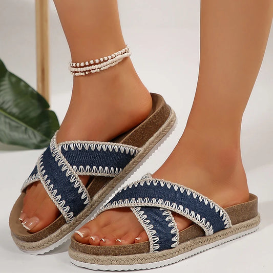 Vintage Denim Cross Strap Platform Slippers Women Plus Size 43 Summer Heels Sandals Woman Comfortable Thick Bottom Beach Sandles