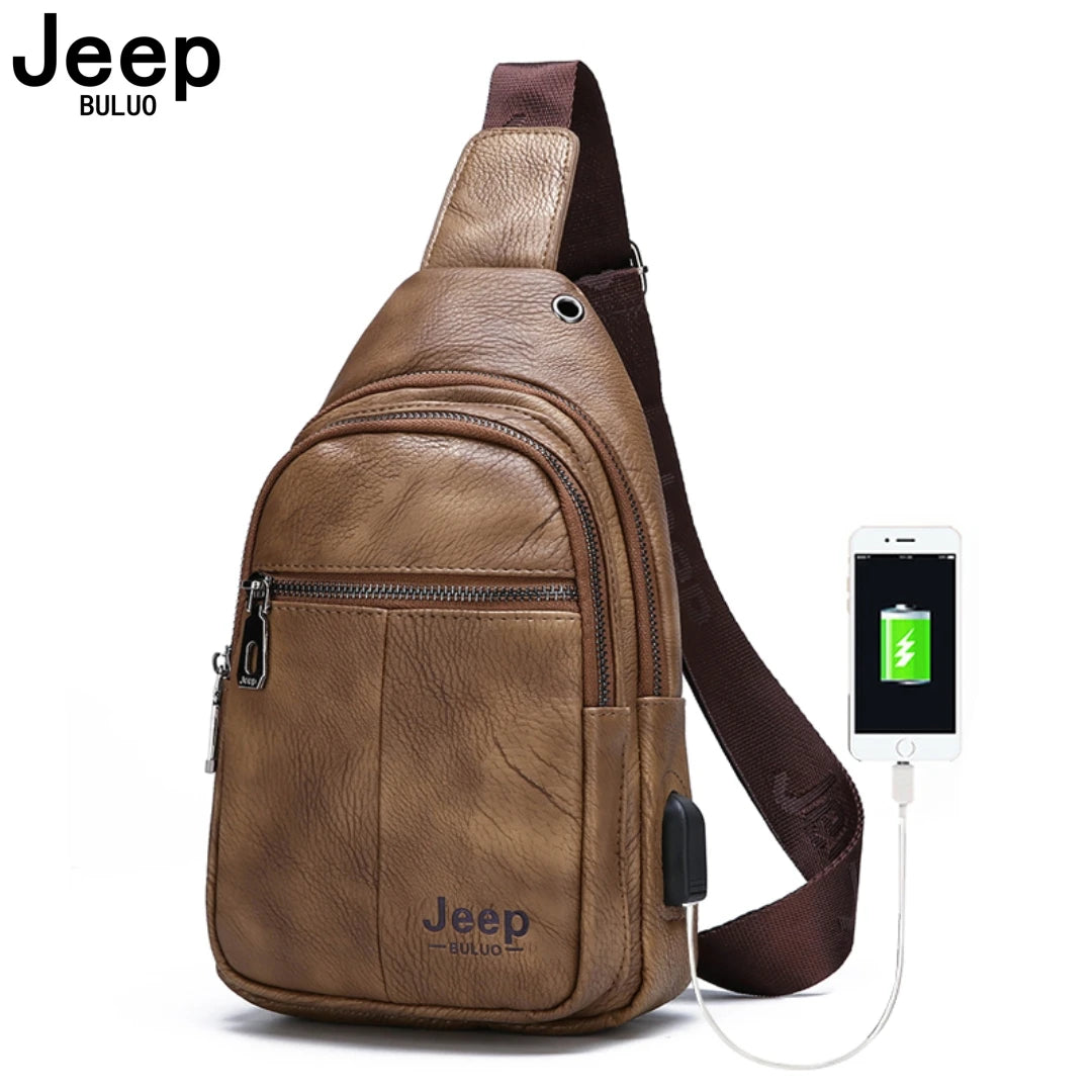 JEEP BULUO Men Crossbody Shoulder USB Sling Bag Fashion Leather Travel Bags