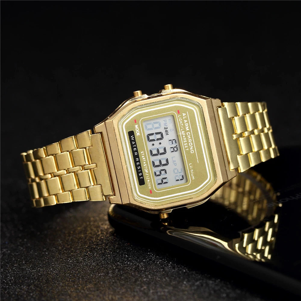 Women Men Sports Waterproof Bracelet Clock Gold Electronic LED Casual Wristwatch