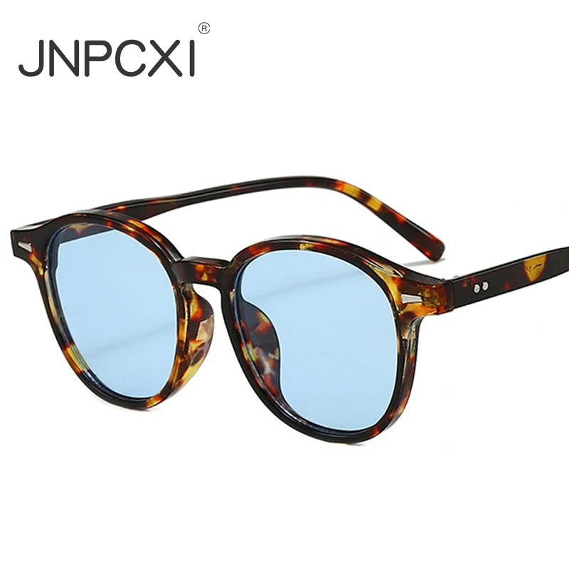 JNPCXI Vintage Round Rivets Punk Sunglasses Women Leopard Blue Shades UV400 Fashion Clear Ocean Lens Men Sun Glasses