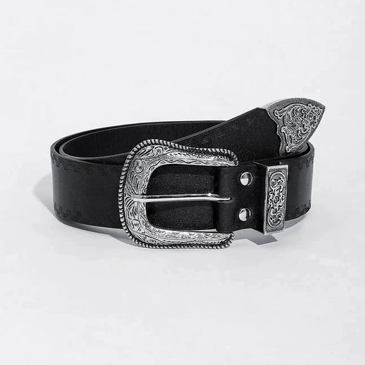 Western Engraved Buckle Belt Black Vintage Embossed Unisex Waistband Cowboy Style Decorative Accessory