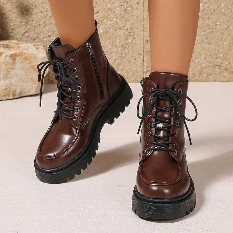 Women's Pu Leather Platform Ankle Boots Plus Size 35-42 Lace Up Motorcycle Boots Women Comfort Wide Leg Black Short Booties
