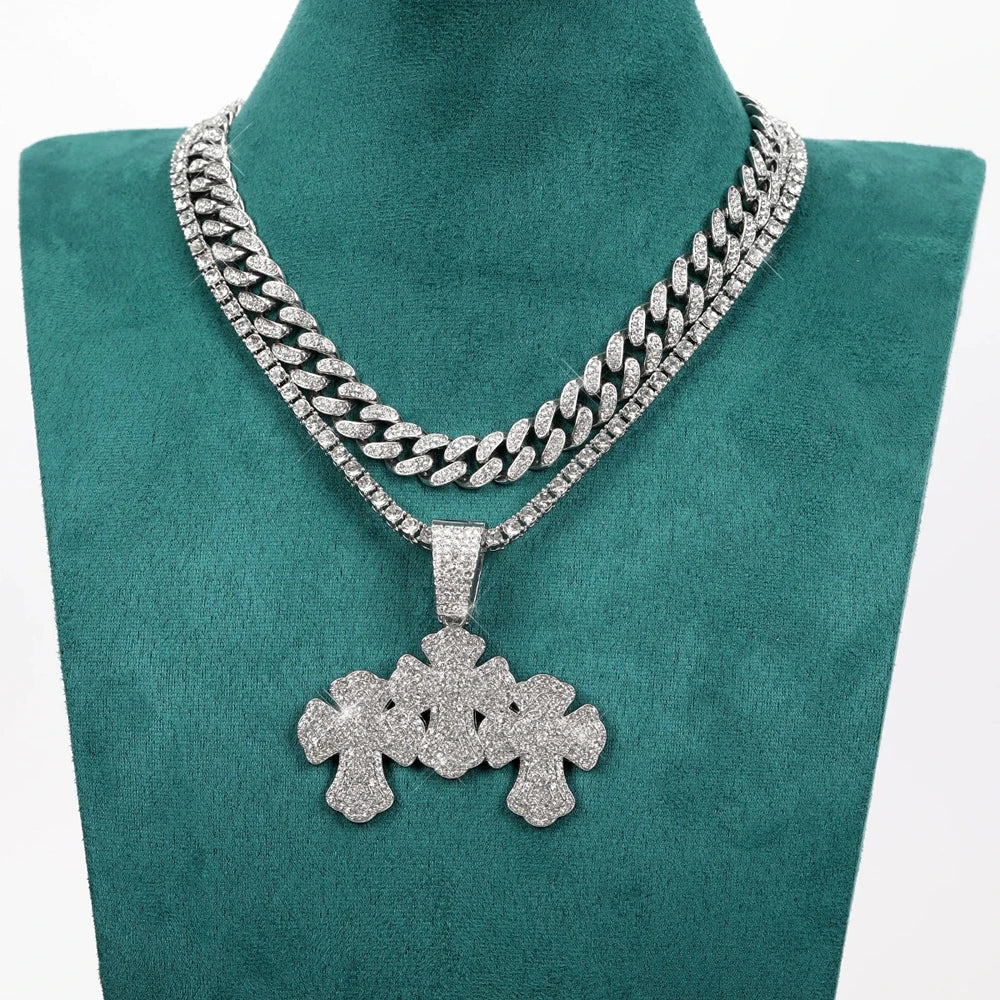 New Hip Hop Stacked Cross Pendant Tennis Chain Necklace,with Cuban Chain Crosses Necklaces Fashion Jewelry,For Men And Women