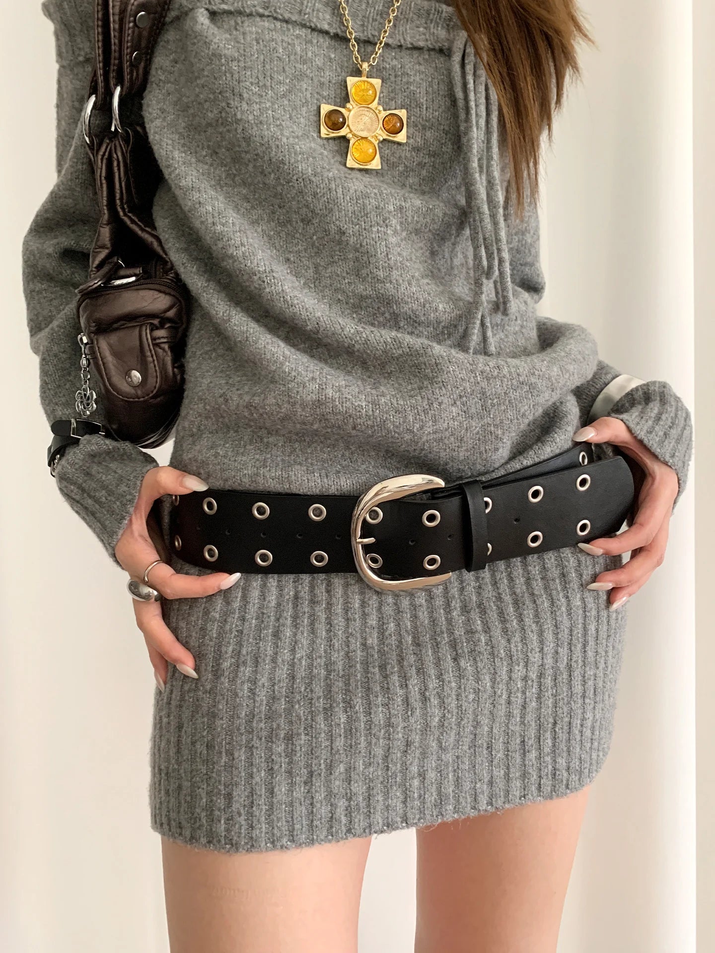Design Sense Rivet Punk Style Black Wide Belt For Women Minority Match With Skirt And Jeans Slimming Waist Wrap