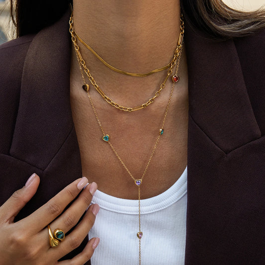 Uworld Minimalist Trendy 18K Gold Color Plated Heart Shape Colored Zircon Y-Shaped Chain Necklace Stainless Steel Women Jewelry