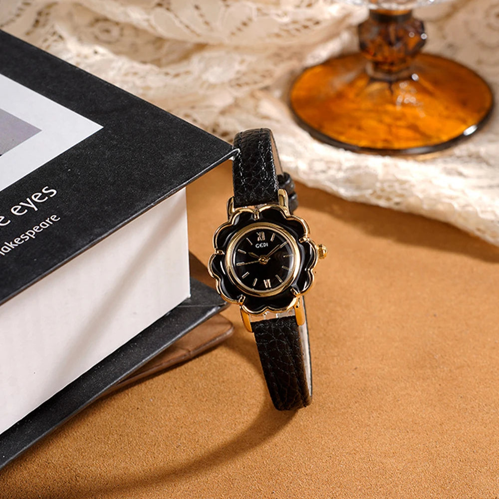 GEDI Fashion Ladies Small Watches Flower Dial Niche Minimalist Exquisite Vintage Leather Strap Quartz Watch Woman