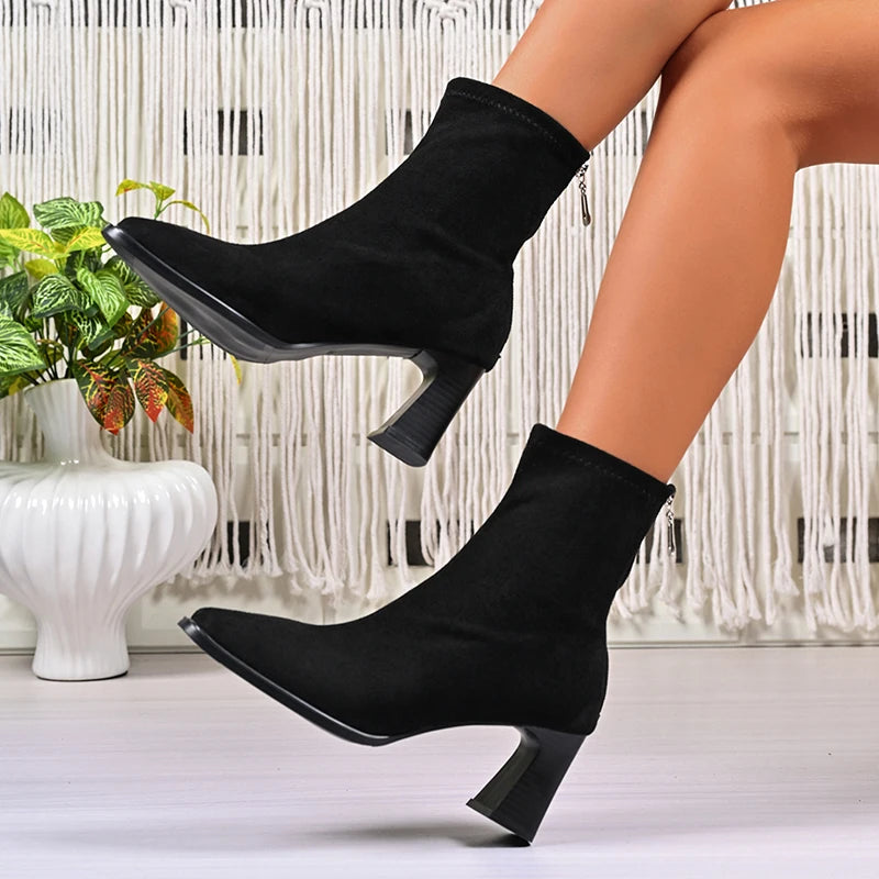 Flock Thick High Heels Ankle Boots Women Plus Size 42 Back Zipper Short Booties Mujer Small Square Toe Fashion Boots Woman
