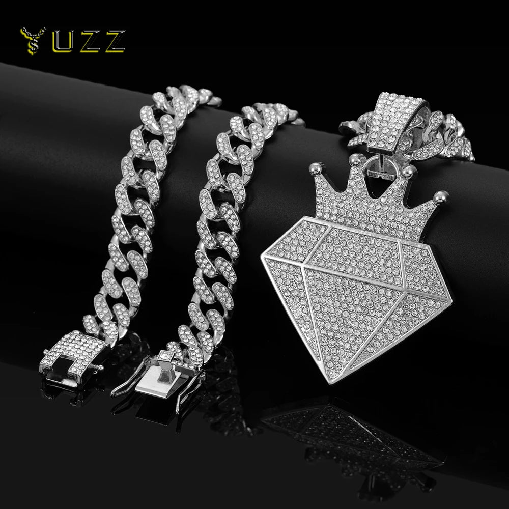 High Quality Hip Hop Alloy Full Diamond Crown Necklaces With 13mm Cuban Chain Diamond Shape Pendants For Men Charm Jewelry Gifts