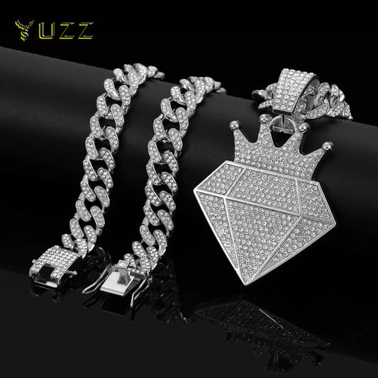 High Quality Hip Hop Alloy Full Diamond Crown Necklaces With 13mm Cuban Chain Diamond Shape Pendants For Men Charm Jewelry Gifts