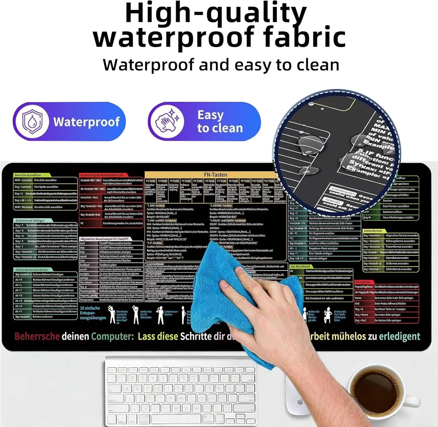 German Excel Mouse Pad XXL Desk Mat with Shortcuts for Excel, Word, PPT & Windows, Non-Slip Mouse Mat for Office Increases Speed
