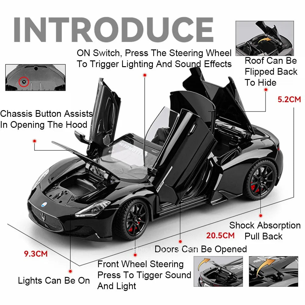 1:24 GT MC20 Alloy Diecast Supercar Toys Models Sound Light Pull Back Shock Absorption Miniature Vehices Friend's Holiday Gifts