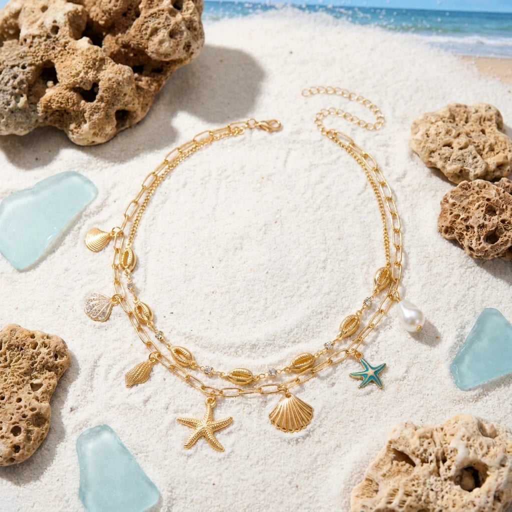 Boho Summer Beach Layered Necklace Set for Women Gold Color Shell Starfish Rhinestone Faux Pearl Vacation Jewelry