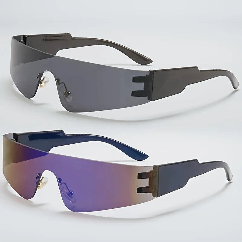 2pcs of Frameless Wrap-Around Glasses for Women Punk Style, Futuristic Tint Y2K Flat Top Iridescent Fashion Glasses for Men