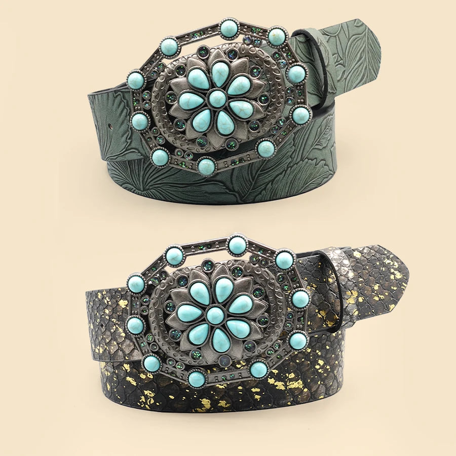Retro Court Style Imitation Gemstone Inlaid Women's Wide Belt, Western Denim Style, Niche Women's Belt