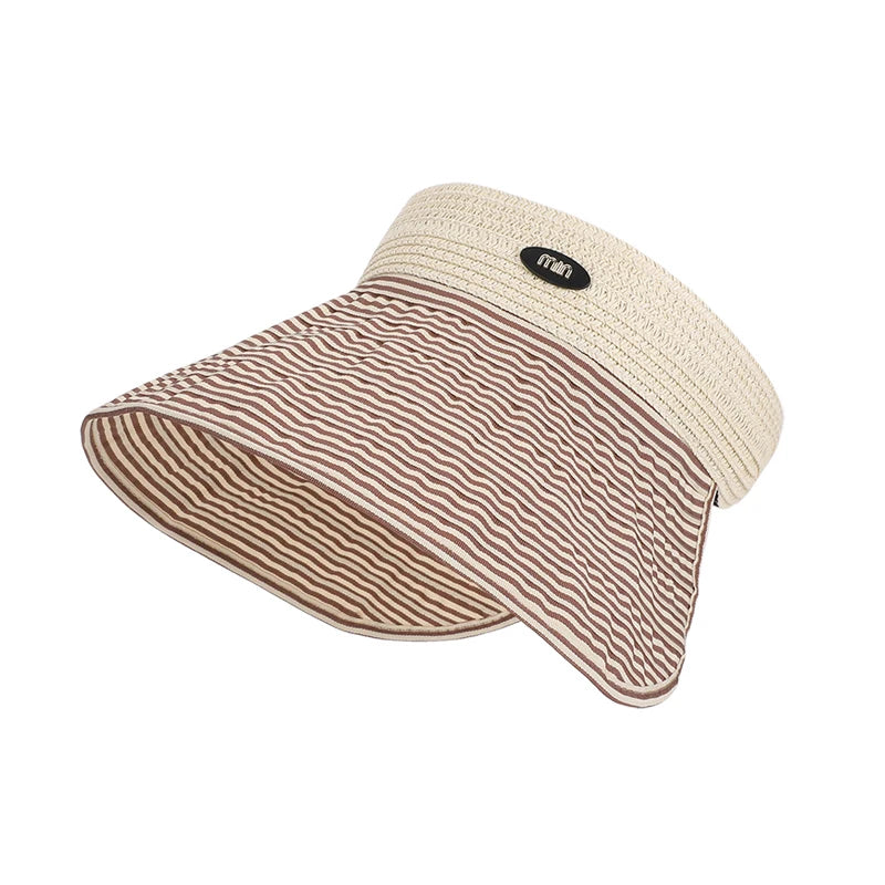 6175-New summer women's wide-brimmed hat - beach and sand grass-wovensunprotectionhat, versatile and fashionable striped top hat