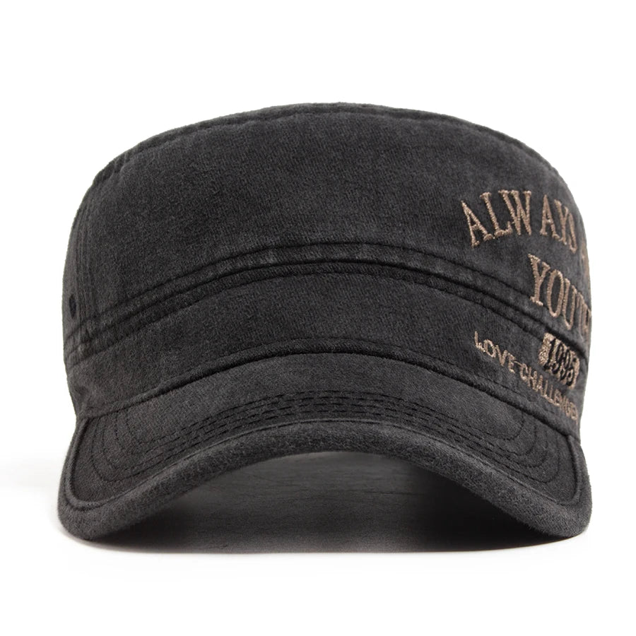 Vintage Flat Hat Men Letter Embroidery Visor Military Cap Outdoor Summer Retro Army Trucker Hats Women Baseball Caps Adjustable