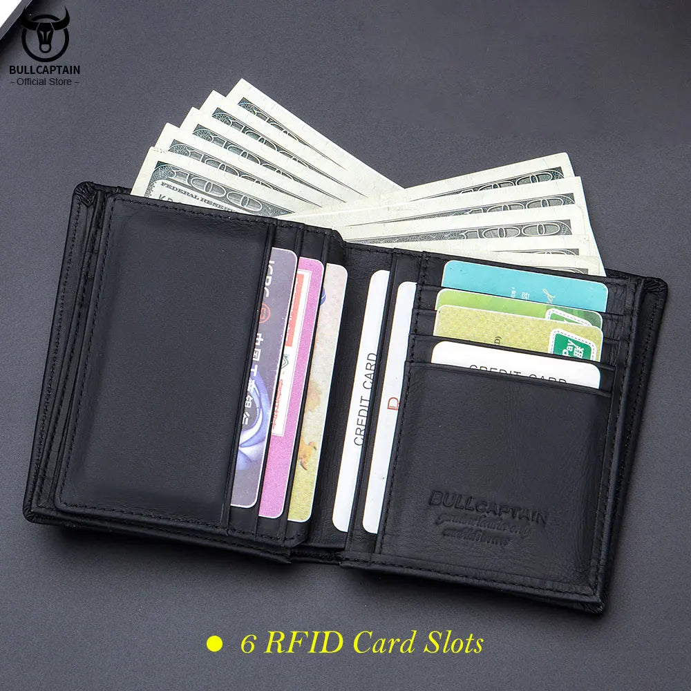 Bullcaptain Genuine New RFID Men's Wallet Compact Mini Card Holder Large Capacity Card Wallets Genuine Leather Wallet Purse Man