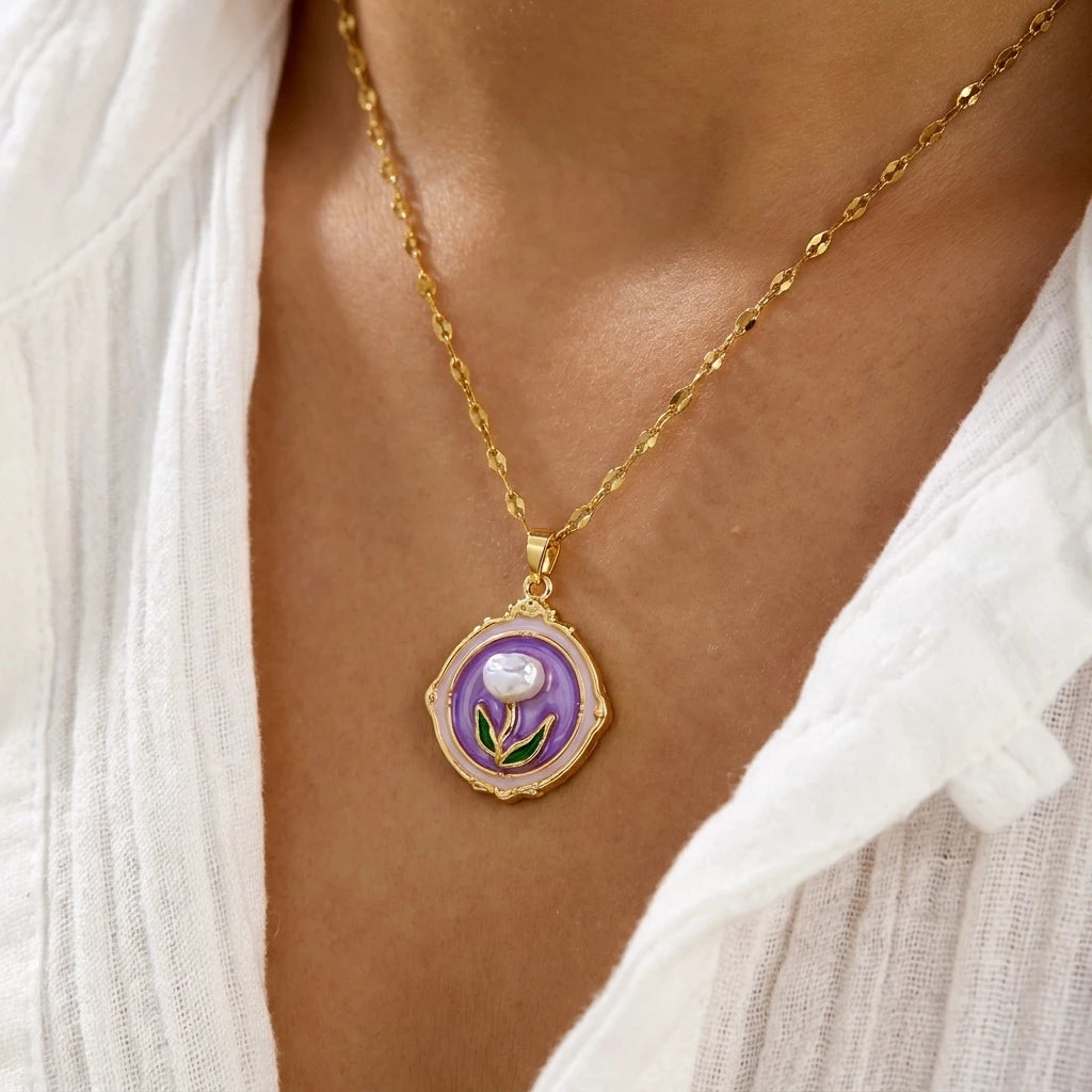 Vintage Purple Enamel Flower Gold Tone Necklace for Women Dainty Floral Pendant Chain Delicate Layered Jewelry Gift