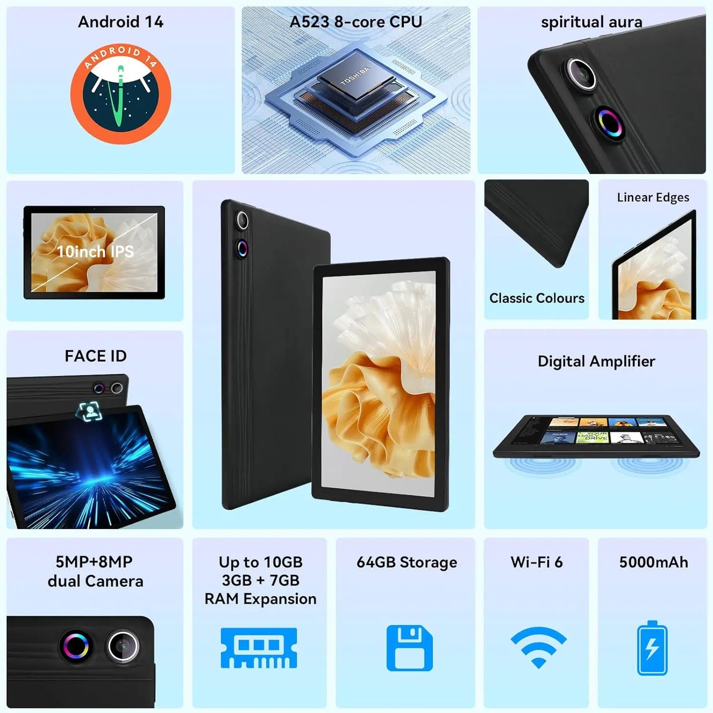 URAO 10" Android 14 Tablet 10GB+64GB 1TB Expand, WiFi 6, 5000mAh Face Detection