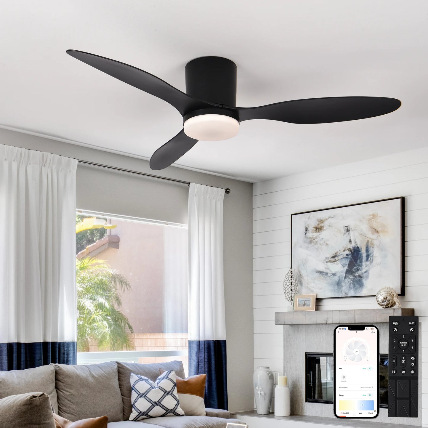 Modern Black White Low Floor DC Motor Ceiling Fans, Remote Control Simple Fans