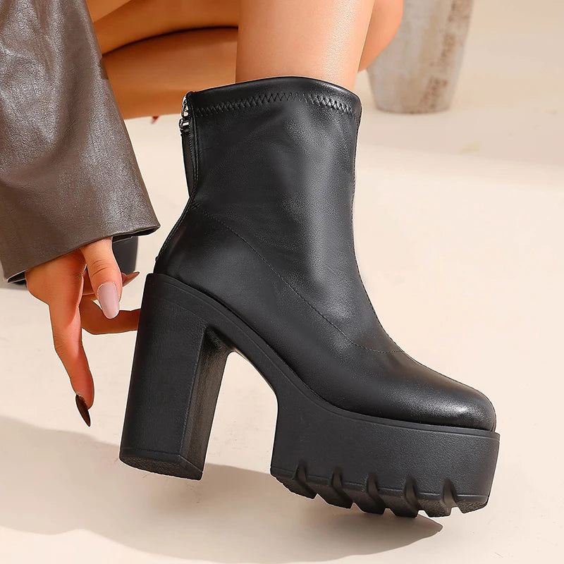 Black Pu Leather High Heel Ankle Boots Women Punk Back Zipper Chunky Platform Boots Woman Plus Size 43 Thick Heels Short Booties