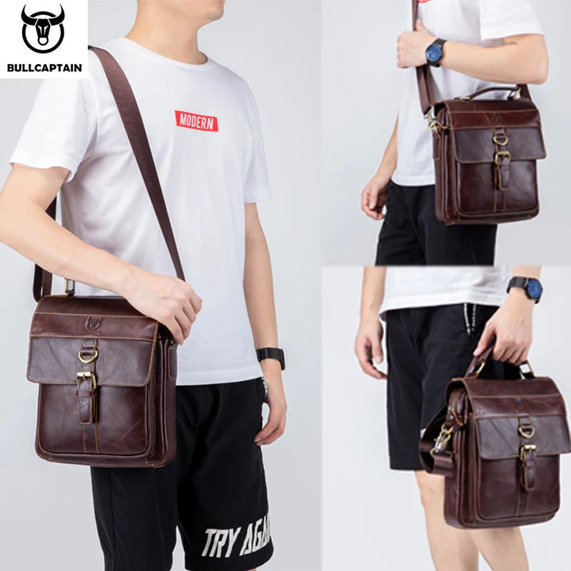 BULLCAPTAIN Men's Leather Shoulder Bag, Retro Business Crossbody Bag, Large Capacity Fashion Casual Youth Student Handbag