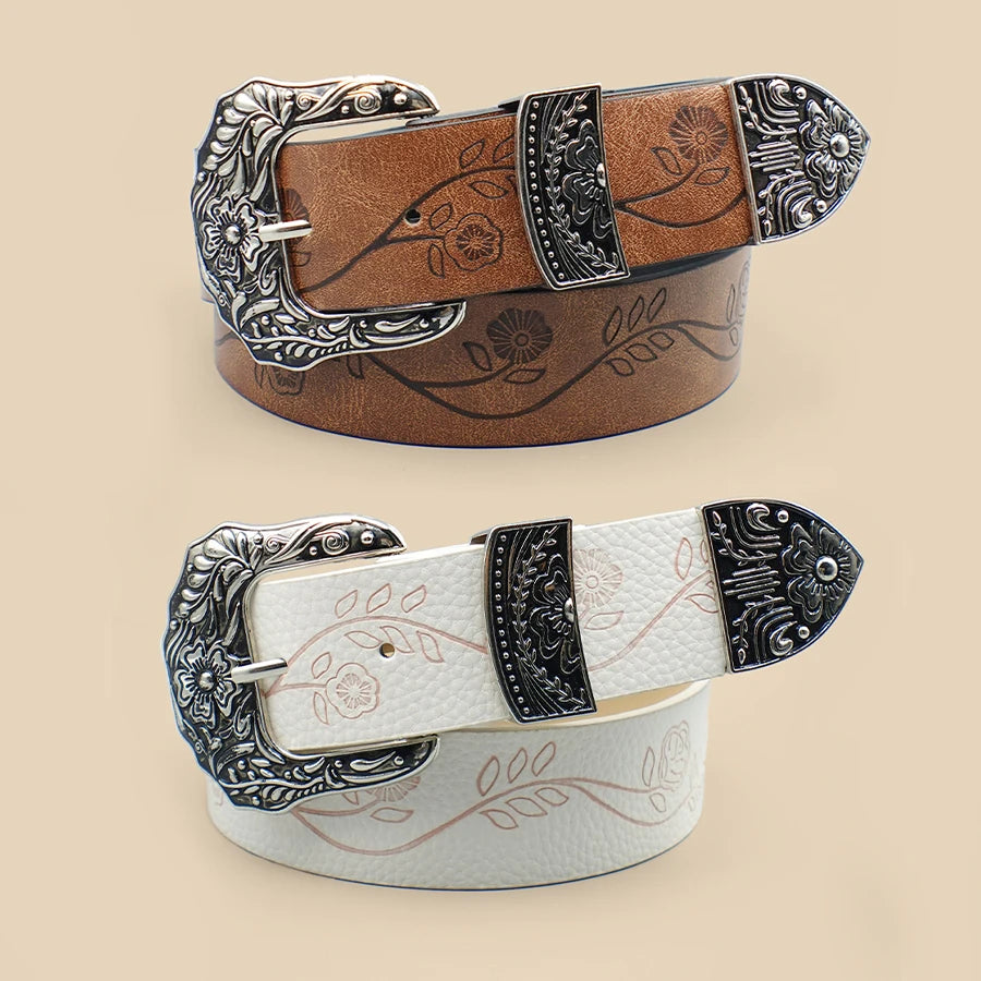 Bohemian Vintage Carved Women's Belt - Floral Print Fashion Waistband for Casual Wear, Dates & Leisure Outfits