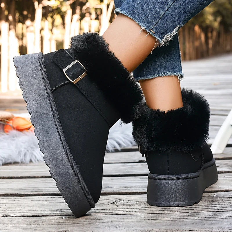 Fluffy Fur Platform Snow Boots Women 2025 Fashion Buckle Short Plush Ankle Boots Woman Comfortable Thick Sole Warm Winter Shoes
