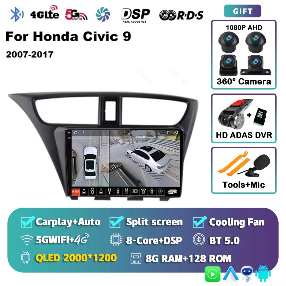 Carplay Android 14 Car Radio for Honda CIVIC 9 2011-2017 Qualcomm mulitmedia Video player Autoradio GSP Navigation Stereo screen