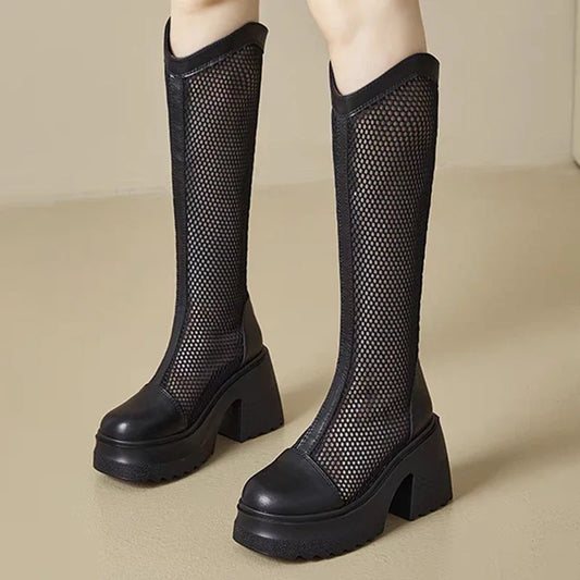 Sexy Mesh Hollow Boots Woman Summer 2025 Solid Size Zipper Mid-Calf Boots for Women Fashion Round Toe Platform Shoes Lady