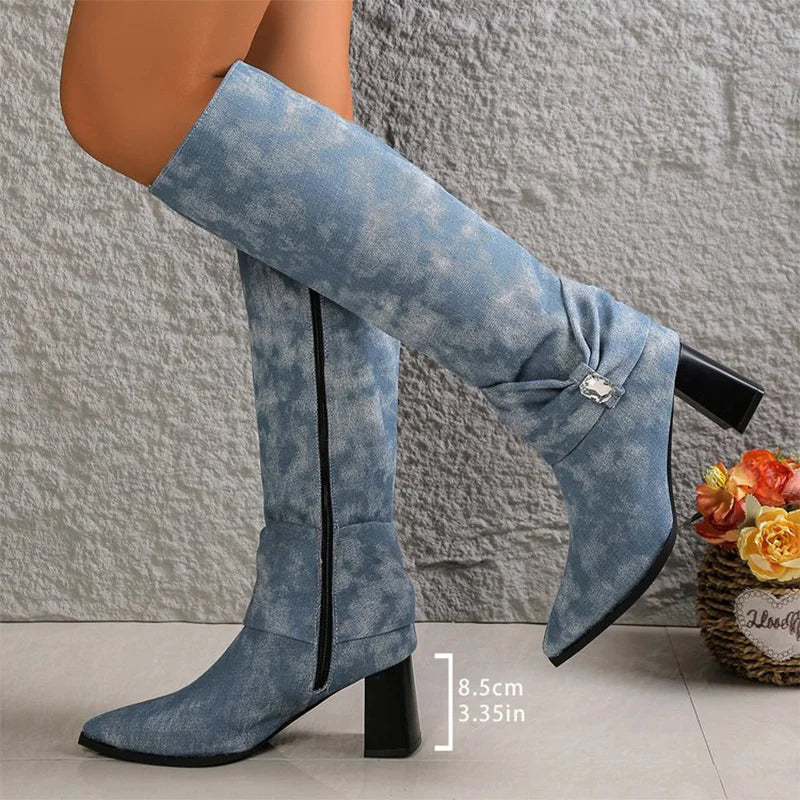 Fashion Super High Heel Boots Women 2025 Vintage Pointed Toe Black Blue Mid Calf Boots Woman Rhinestone Detor Botas Lady