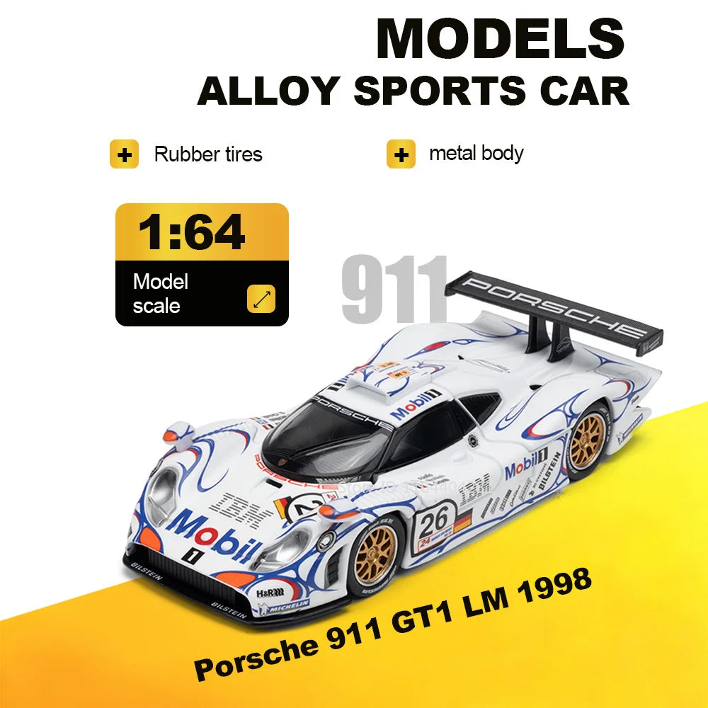 1:64 Porsche 911 GT1 LM 1998 Cayenne Turbo GT Miniature Toys Diecast Alloy Model Car Rubber Tire Children's Interactive Toy Gift