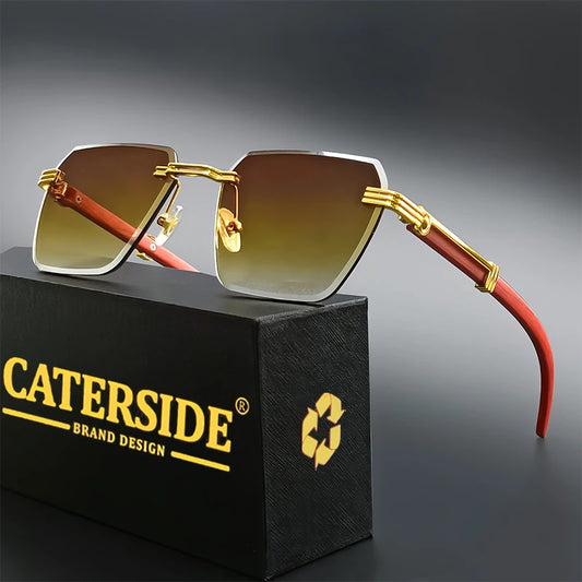 CATERSIDE Men's Frameless Sunglasses Wooden Temple Design Gradient Sun Glasses Women's Outdoor Travel Beach Summer Glasses UV400