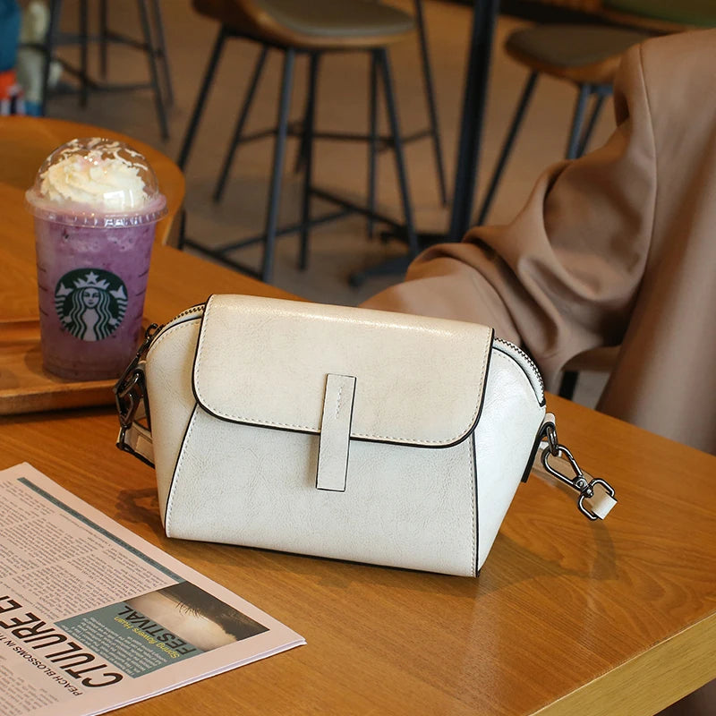 2025 New Female Oil Wax Cowhide Genuine Leather Crossbody Bag Fashionable Versatile Shoulder Shell Handbag Lady Casual Phone Bag