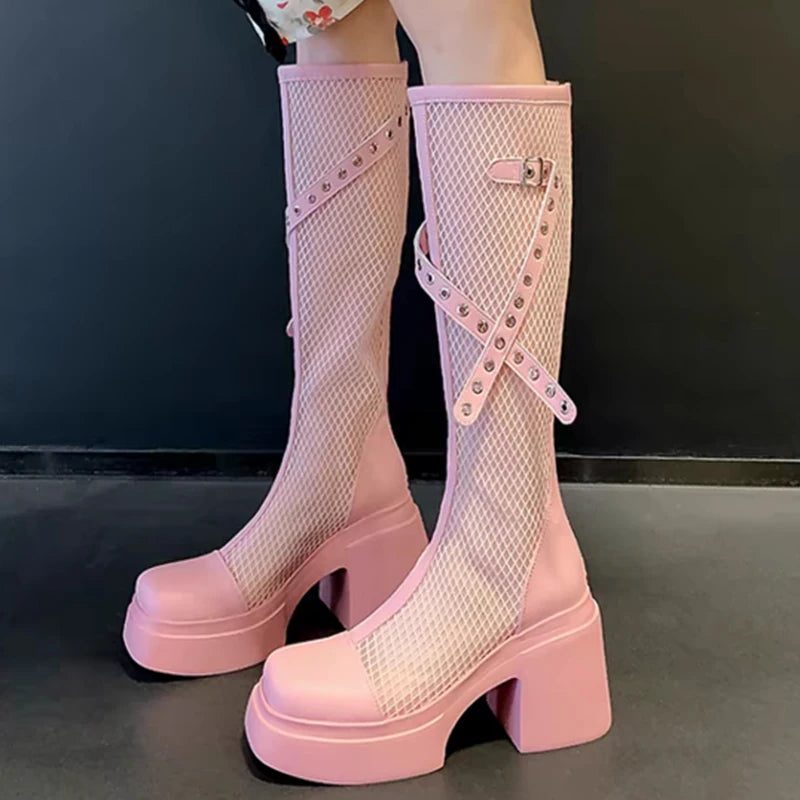 2025 Summer Fashion Breathable Mesh Boots for Women Party Platform Zipper Mid-Calf Boots Woman Solid Buckle Strap Shoes Ladies