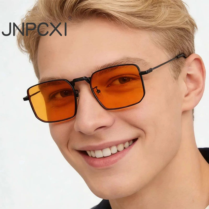 JNPCXI New Square Metal Sunglasses Women Fashion Clear Black Orange Ocean Lens Shades UV400 Men Punk Sun Glasses