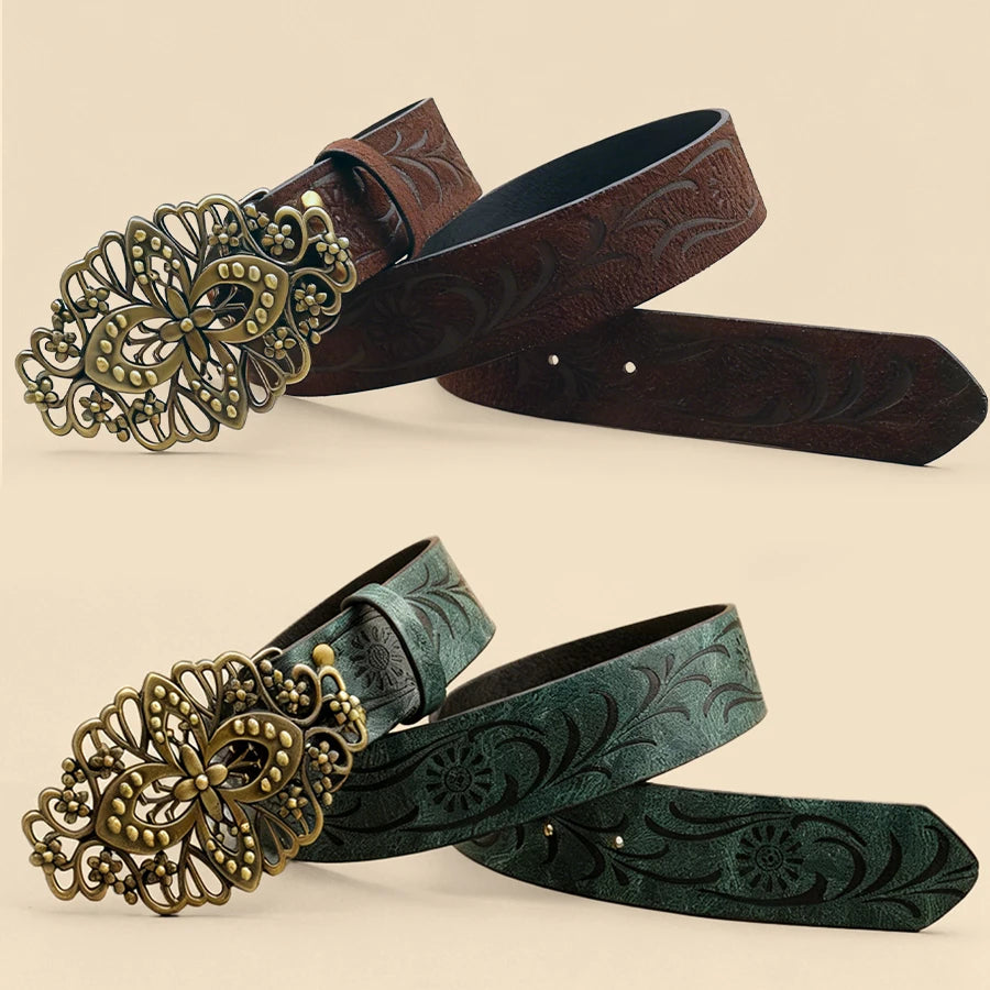 Vintage Carved Metal Buckle Belt Unisex Retro Brass Buckle Embossed Pattern Waistband European Ethnic Style Accessory