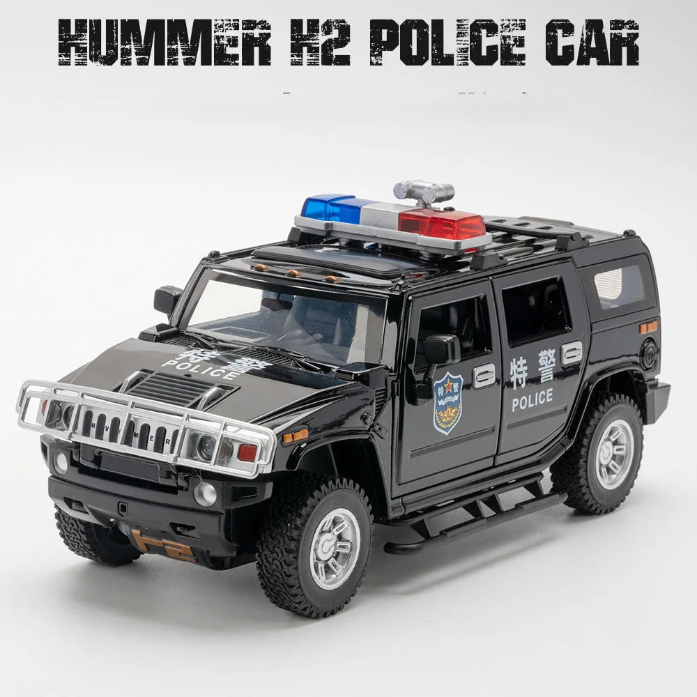 1/24 H2 Police Toy Model Car Alloy Diecast 6 Doors Opened with Sound Light Pull Back Rubber Tire Off-road Vehicles for Kid Gifts