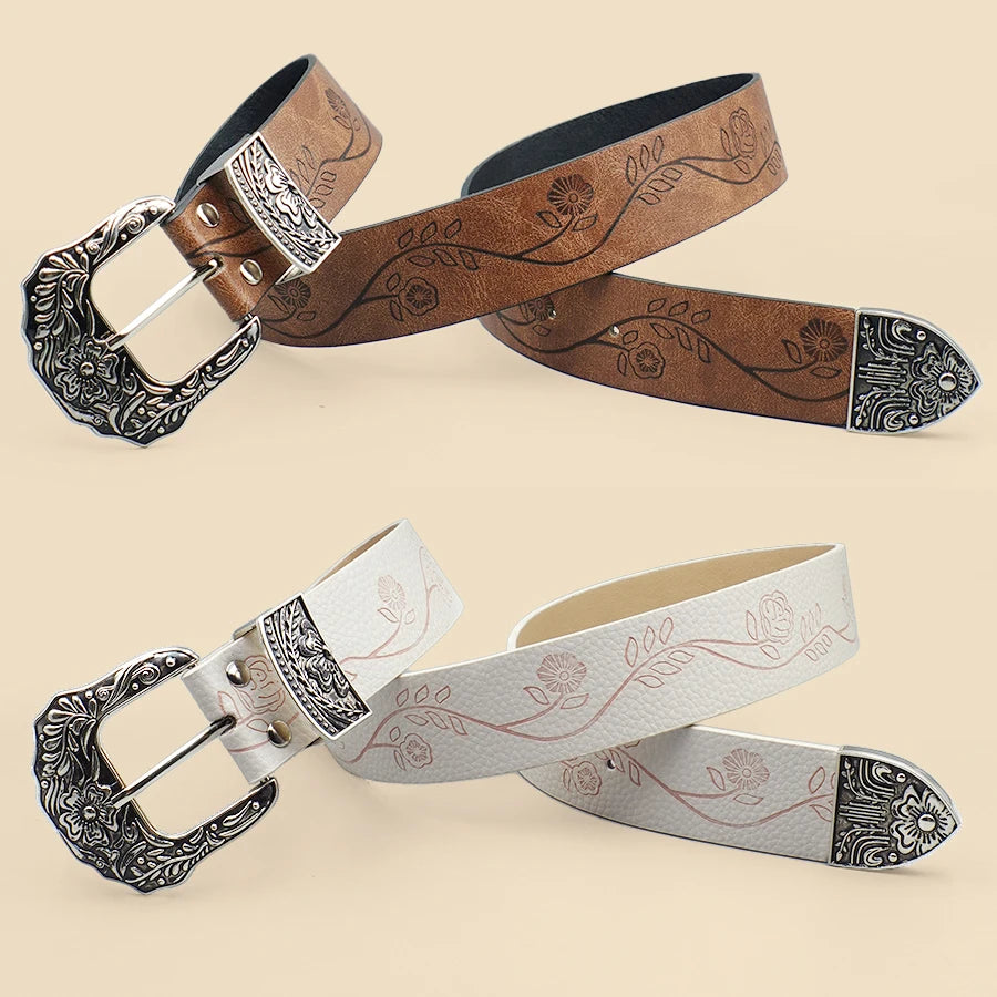 Bohemian Vintage Carved Women's Belt - Floral Print Fashion Waistband for Casual Wear, Dates & Leisure Outfits