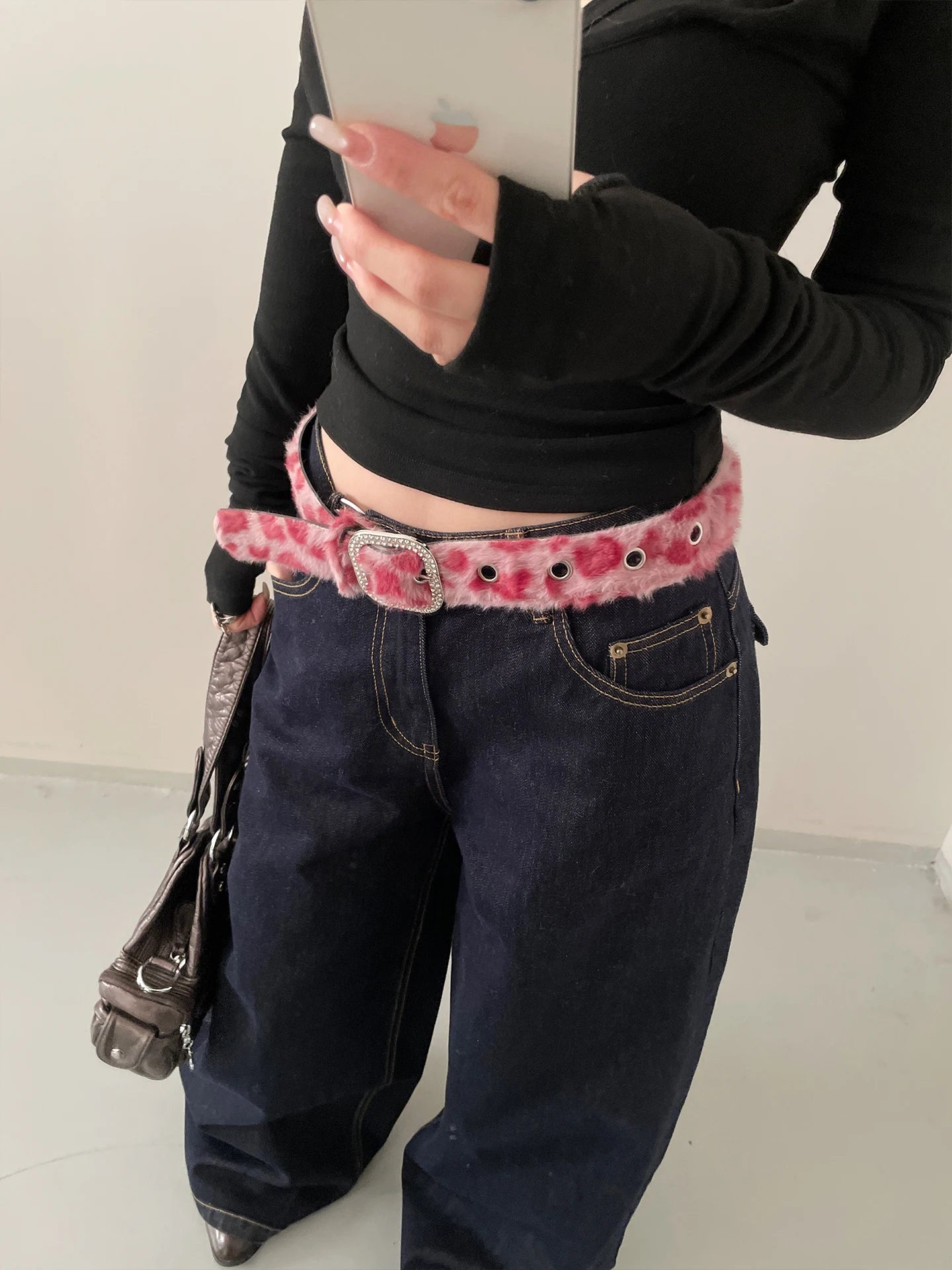 Leopard Print Diamond Studded Faux Fur Belt For Women Versatile Hot Girl Belt With Jeans Belt Decoration
