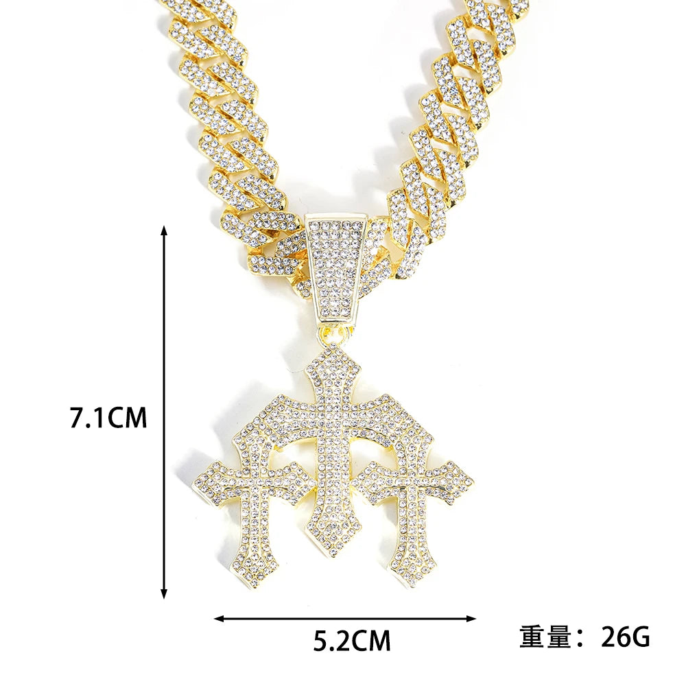 2026 New Men's Iced out Stacked Crosses Pendant Necklace Hip Hop Jewelry with exaggeration 13mm Cuban Chain Rhinestone Gift