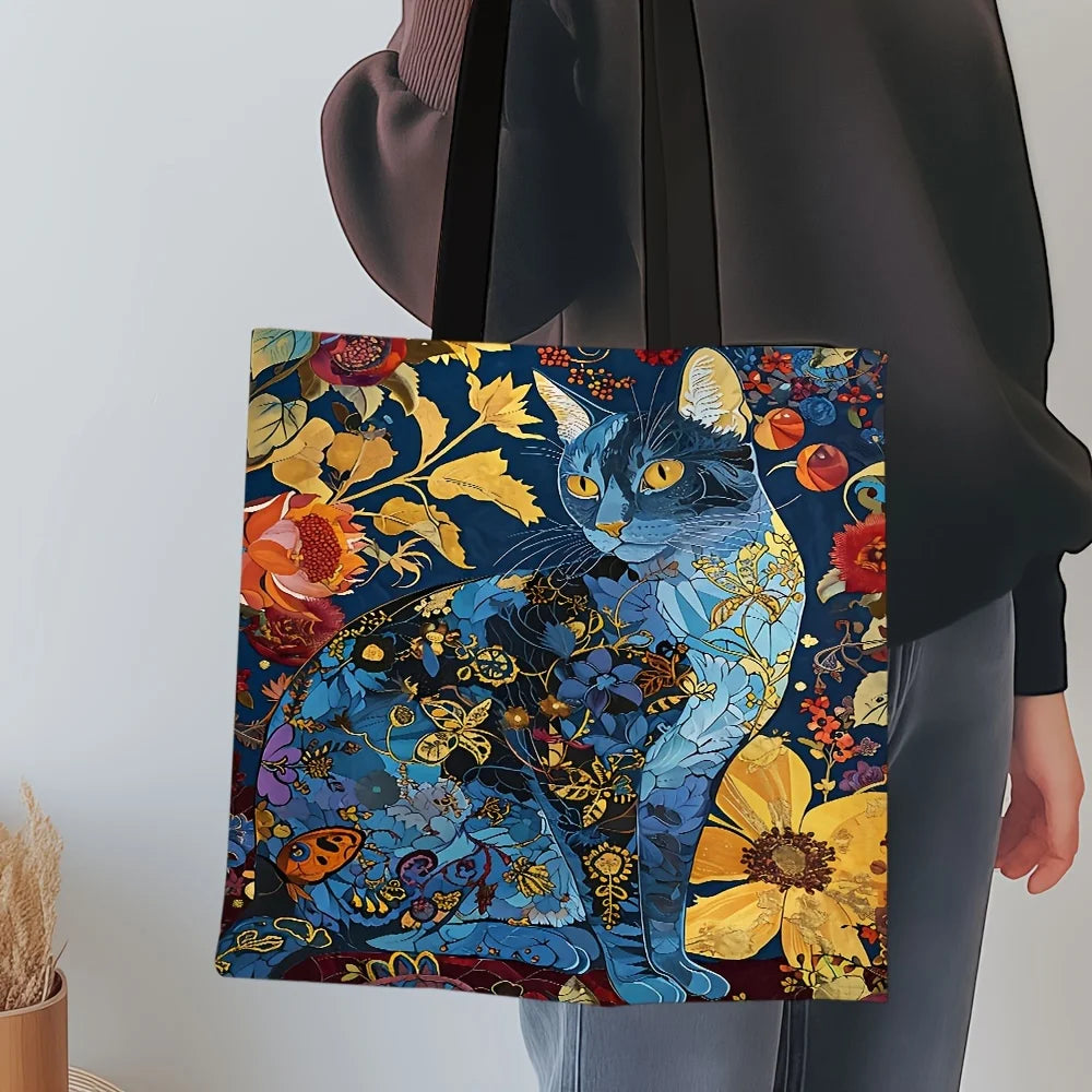 Abstract Cat Tote Bag, Cute Quirky Small Animal Shoulder Bag, Linen Eco Handbag