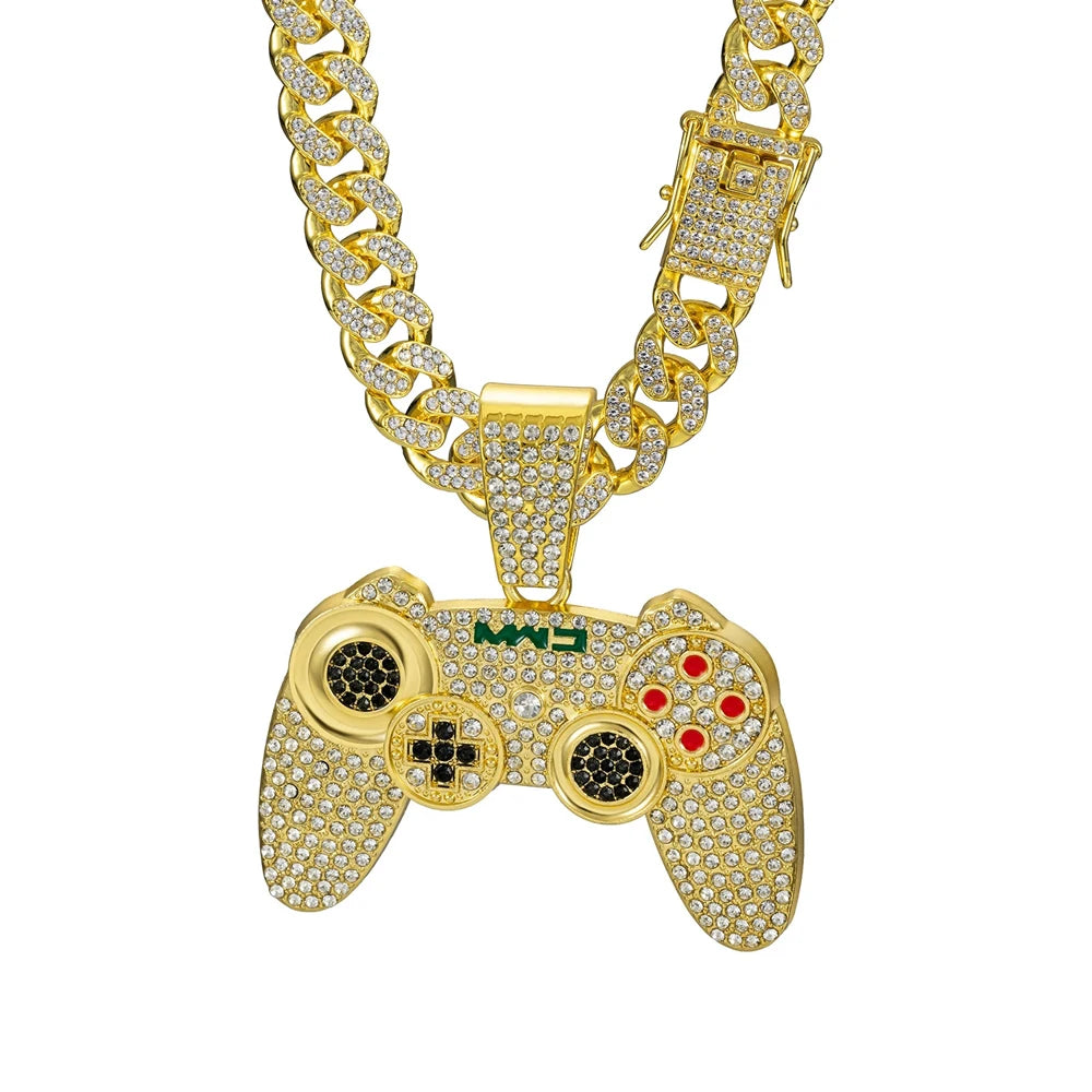 Men Hip Hop Game Machine Pendant Necklace With 13mm Crystal Play Game Controller Cuban Chain Necklace Fashion Cool Jewelry Gifts