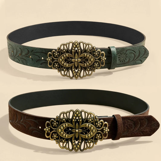 Vintage Carved Metal Buckle Belt Unisex Retro Brass Buckle Embossed Pattern Waistband European Ethnic Style Accessory