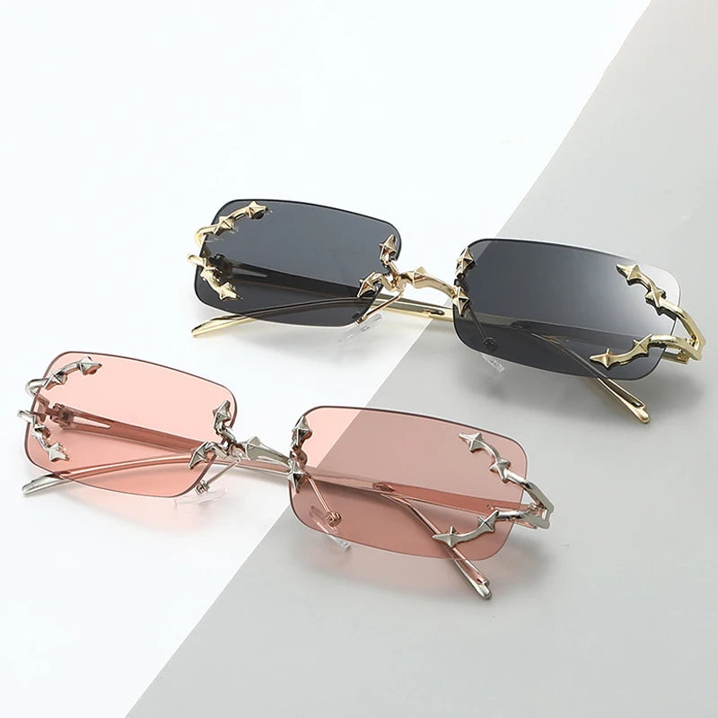 JNPCXI New Y2K Rimless Square Star Sunglasses for Women Fashion Vintage Hip Hop Driving UV400 Eyewear Frame Outdoor Men Punk