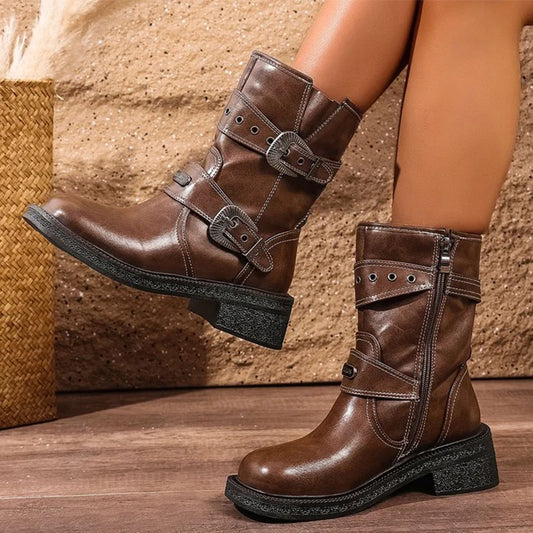 Vintage Buckle Detor Boots for Women Spring Autumn Zipper Up Platform Boots Woman Fashion Black Brown Pu Leather Botas Female