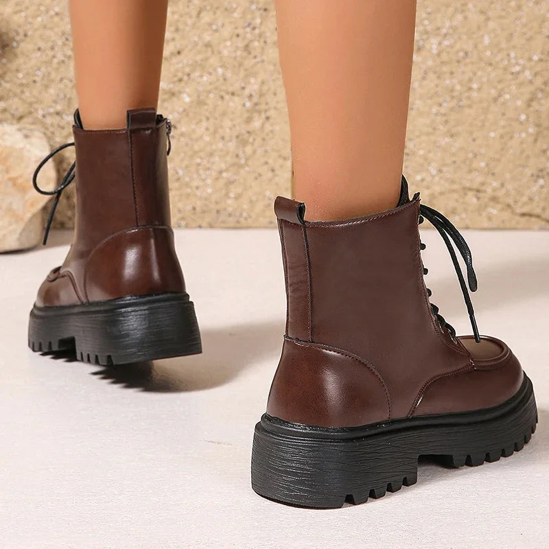 Women's Pu Leather Platform Ankle Boots Plus Size 35-42 Lace Up Motorcycle Boots Women Comfort Wide Leg Black Short Booties